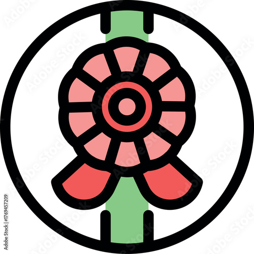 Round pink cockade with red ribbons celebrating a national holiday, vector illustration