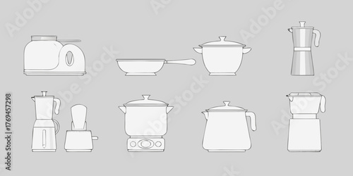 Collection of kitchen appliances and cookware in a simple line drawing style on a neutral background