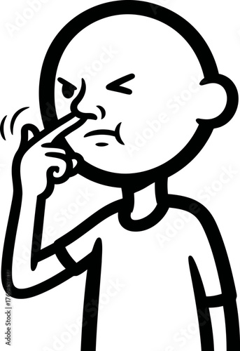 Cartoon stick figure picks his nose with a disgusted expression, rendered in bold black lines against a plain white background, ideal for humorous or illustrative designs.