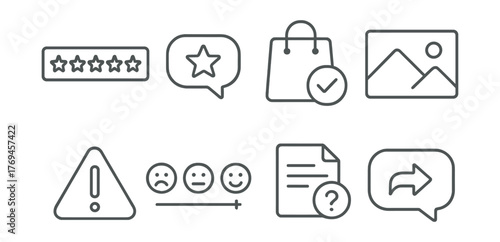 Series of icons with a star, a smiley face, a frowning face, a shopping bag