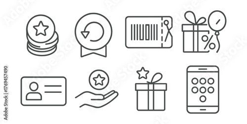 Set of icons for a shopping app, including a card, a star, a gift, a phone
