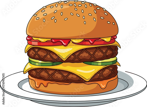 Detailed cartoon hamburger with double patties, cheese, and vegetables sits on a white plate, creating a vibrant and appetizing image suitable for food-related designs.