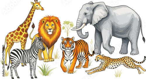 Cartoon style group of African animals including a giraffe, lion, zebra, tiger, elephant, and cheetah stand together in a grassy area, perfect for children's educational or decorative materials.