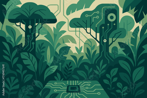 Futuristic jungle scene with circuit board trees and lush green vegetation