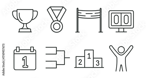 Series of sports icons and symbols, including a trophy, a medal, a sports ball