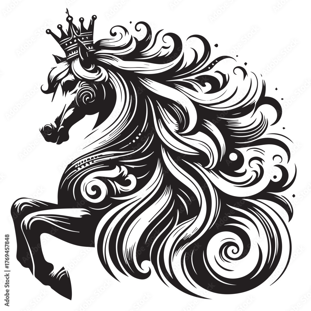 Obraz premium black and white horse wearing crown logo vector