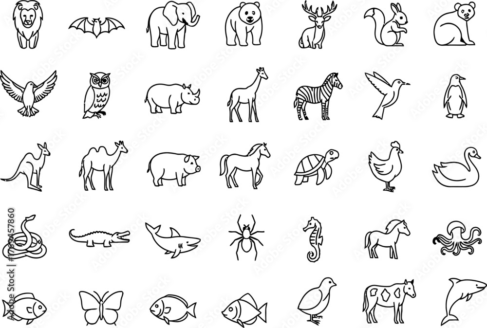 Obraz premium Variety of outlined animal icons are displayed in a visually appealing arrangement, perfect for educational materials or designs focusing on wildlife and nature themes.