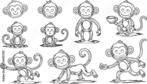 Cartoon Monkey Outline Illustrations Various Poses Including Holding Tea Cup and Walking Forward Line Drawing
