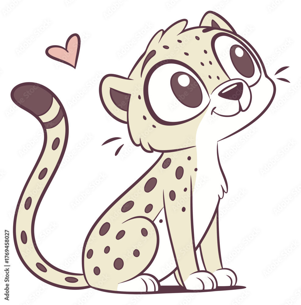 Fototapeta premium Adorable cartoon cheetah cub sitting with big eyes smiling looking to the side.Isolated transparent background ( include cut-out PNG file )