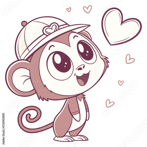 Adorable little monkey wearing a cap smiling sweetly with hearts floating around it.Isolated transparent background ( include cut-out PNG file )