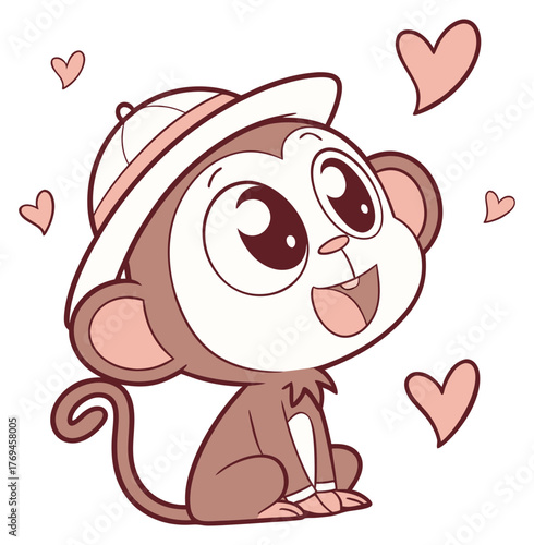 Cheerful baby monkey wearing a safari hat with hearts floating around its head.Isolated transparent background ( include cut-out PNG file )