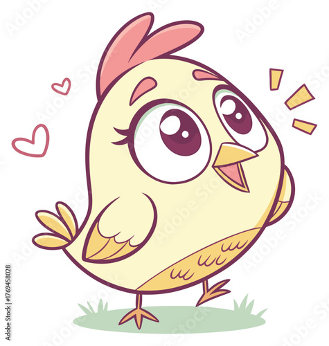 Joyful cartoon yellow chick with pink comb standing in grass big adoring eyes.Isolated transparent background ( include cut-out PNG file )