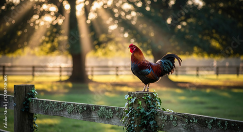 A colorful rooster stands proudly on a fence post bathed in golden morning light. Ideal for farm themes, Easter celebrations, or rural lifestyle promotions.