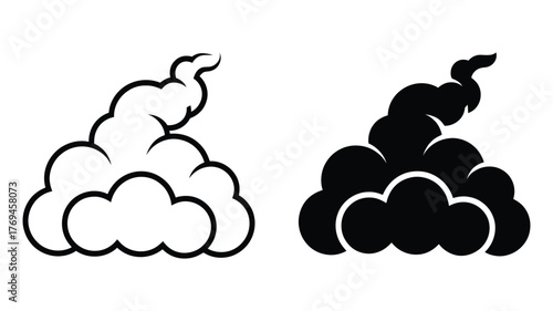 Cartoon smoke cloud in black and white, vector illustration of fume, steam, smog, dust, fog, vapor, mist, haze, and gas