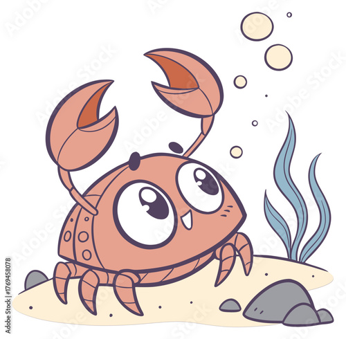 Cute pink cartoon crab smiling on seabed with bubbles and seaweed. Isolated transparent background ( include cut-out PNG file ).