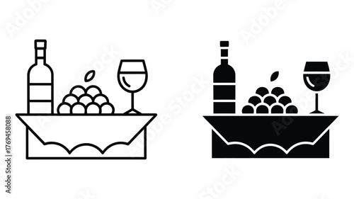Still life with wine and grape in black and white, vector illustration of bottle, glass, fruit, table, and tablecloth