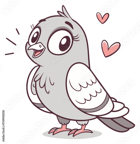 Sweet happy cartoon pigeon gray feathers big eyes cooing with pink hearts.Isolated transparent background ( include cut-out PNG file ).