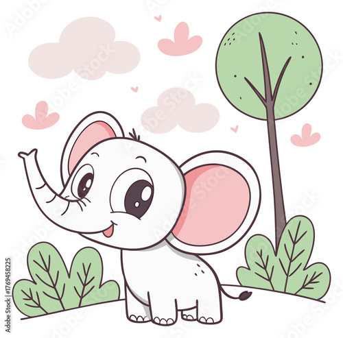 Happy adorable baby elephant standing in whimsical forest with trunk raised.Isolated transparent background ( include cut-out PNG file )