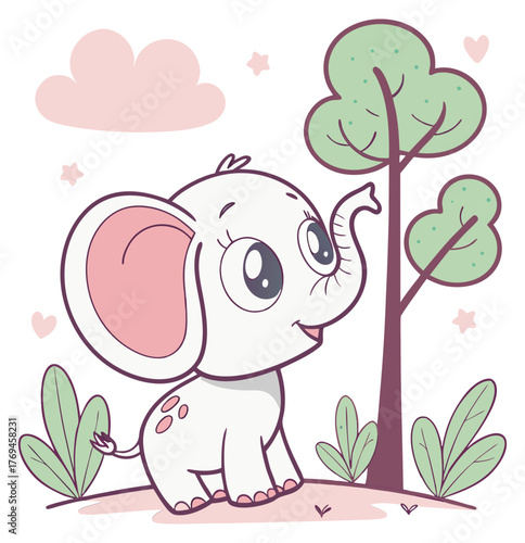 Little adorable baby elephant in whimsical forest looking happy and content.Isolated transparent background ( include cut-out PNG file )