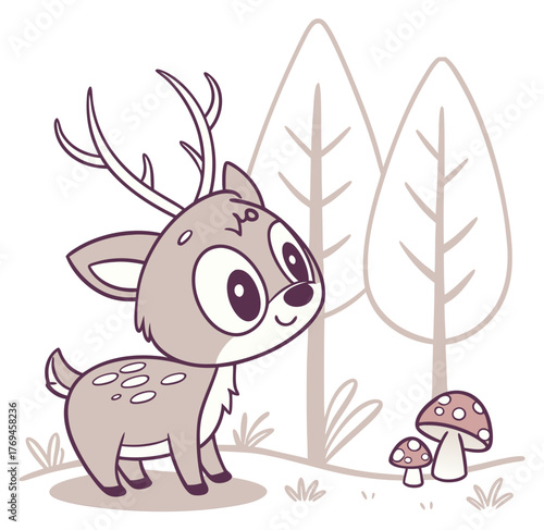 Sweet cartoon fawn with antlers standing in a minimal forest near two mushrooms.Isolated transparent background ( include cut-out PNG file )