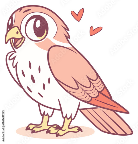 Adorable little cartoon falcon bird standing happily with loving hearts floating around.Isolated transparent background ( include cut-out PNG file )