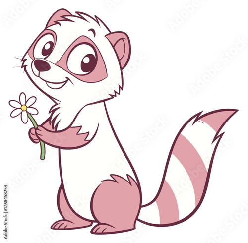 Pink and white cartoon weasel sweetly holding a daisy flower and looking adorable.Isolated transparent background ( include cut-out PNG file )