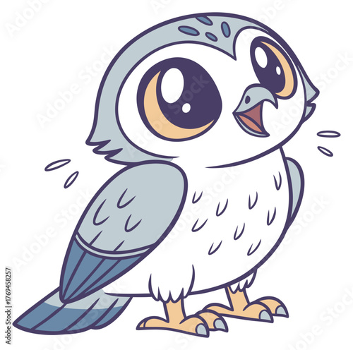 Super cute fluffy baby snowy owl cartoon with big eyes looking happy and playful.Isolated transparent background ( include cut-out PNG file )
