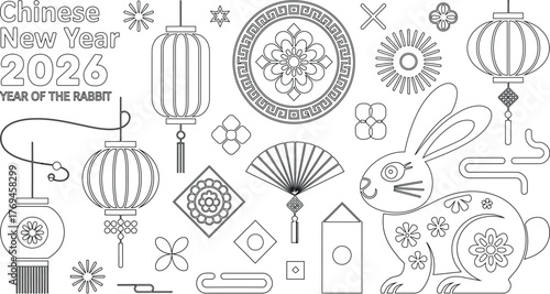 Chinese New Year 2026 Year of the Rabbit Outlined Decorations, Lanterns, Flowers, Fan Design