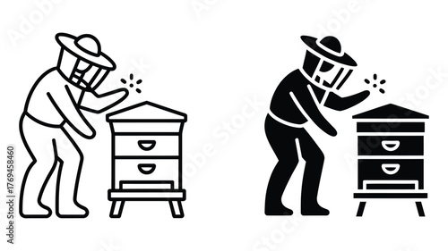 Vector art of Beekeeper in protective suit working with beehive apiarist tending to bee colony, collecting honey from honeycomb