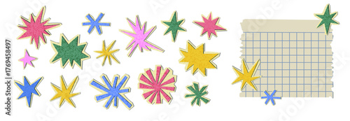 Set of tear paper stars with checkered paper pages. Cut color explosion shapes with torn edge. Shape love doodle scrap. Vector illustration