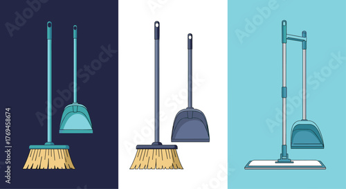 Vector illustrations of various cleaning tools like brooms, dustpans, and a flat mop, presented with distinct color schemes.