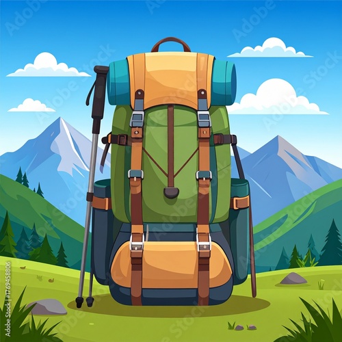 Backpack and Trekking Poles in Nature
