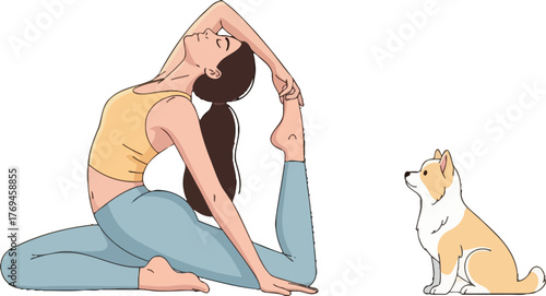 Cartoon woman doing yoga pose while her cute puppy dog sits and watches on a white background creating a peaceful and healthy scene ideal for pet-related fitness or lifestyle content.