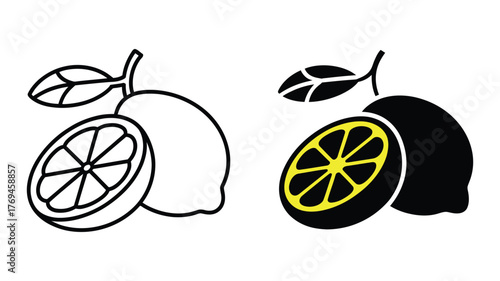 Vector art of Lemon fruit icon set thin line and solid style citrus with leaf and slice for juice or lemonade