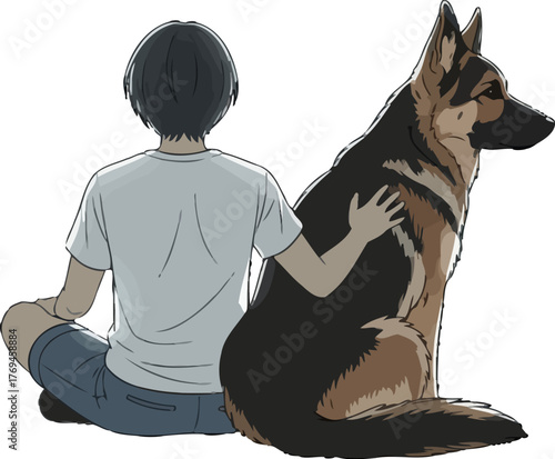 Young person sitting cross-legged with a large, loyal dog in an anime style illustration, depicting companionship and peace, suitable for pet-related or lifestyle content.