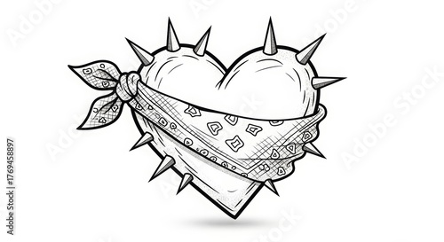 Punk Cartoon Heart with Spikes and Bandana in Pencil Sketch Style on White Background