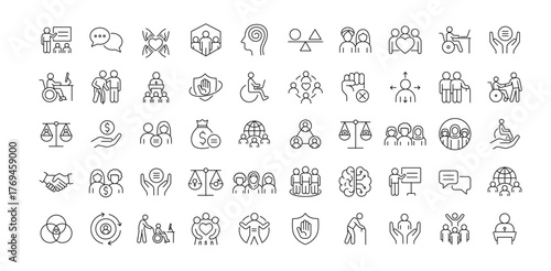 A set of vector icons representing workplace inclusion, equity, diversity, and human rights, created in line style with editable stroke