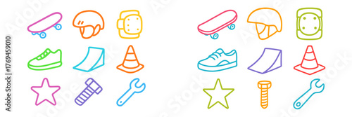 Colorful collection of skateboarding gear and accessories suitable for recreational activities and learning tricks outdoors