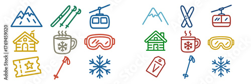 Winter sports symbols and icons representing skiing, snowboarding, and cozy mountain retreats in a snowy landscape