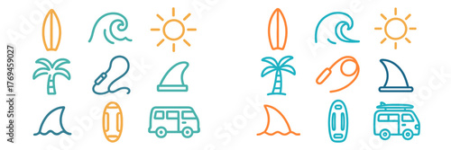 Surf culture icons and symbols depicting a sunny beach day with waves, palm trees, and surfboards