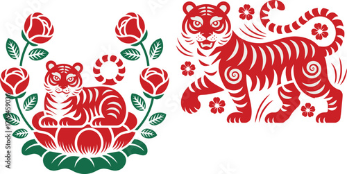 Chinese Papercut Style Tigers with Red Roses and Flowers on a White Background