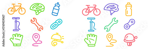 Colorful bicycle accessories and gear illustrations for cycling enthusiasts and outdoor activities