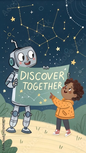 Child and robot discovering astronomy together at night
