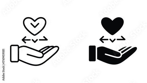 Vector art of Hand holding heart icon set thin line and solid style palm with love symbol for charity or donation