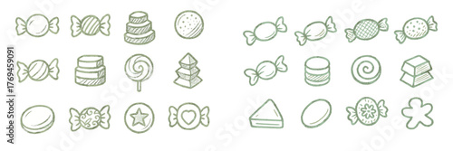 Sweet candy illustrations display a variety of colorful treats and desserts with vibrant designs suitable for a fun theme
