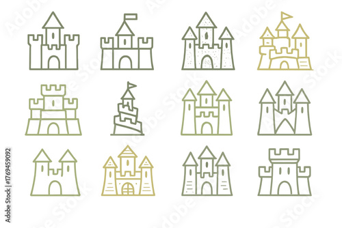 Various simple castle designs drawn in a playful style showcasing creativity and imagination in architecture and design