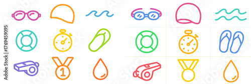Fun and colorful swimming icons depicting various activities and equipment used at the pool or beach for summer activities