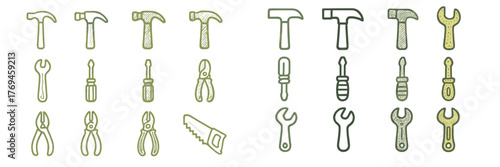 Collection of hand tools illustrated in various styles displayed in two neat rows