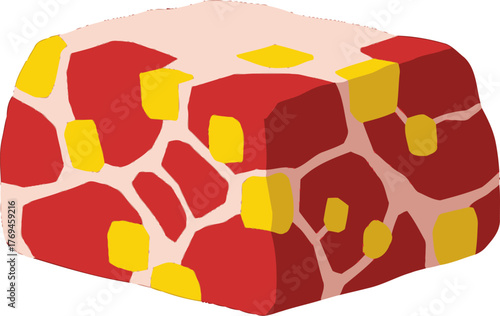 Red geometric shape features beige spaces and yellow square accents, creating a colorful and abstract design with a playful mood perfect for backgrounds or design elements.