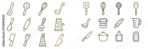 Kitchen tools and utensils arranged in a neat layout for baking and cooking tasks